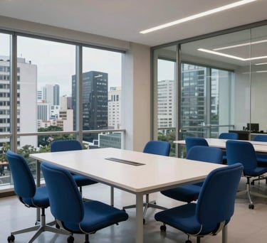 Minimalist corporate training room in São Paulo, featuring a sleek white table and medium blue chairs, large glass windows reflecting a city skyline, professional photography.