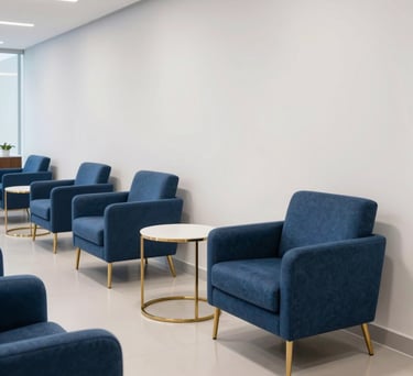 A modern lounge area for executives in a Brazilian corporate office, plush medium blue armchairs, gold metal side tables, crisp white walls, sophisticated and clean design.