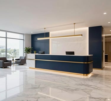 Wide shot of a modern, clean reception area in a Brazilian corporate building, featuring white marble floors and dark navy blue accents, gold lighting fixtures, professional and luxury feel.