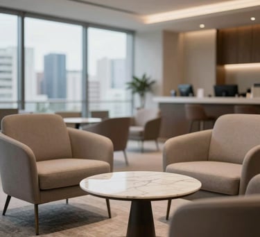 Close-up of a modern Brazilian business lounge with high-end designer chairs and a small marble coffee table, soft focus on a city skyline in the background, elegant lighting.