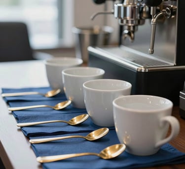 Close-up of a high-end Brazilian coffee service area in a modern corporate office, polished gold spoons, crisp white ceramic cups, medium blue napkins, natural light, professional photography.