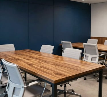 A collaborative workspace in a Brazilian office with a large wooden table, white ergonomic chairs, and dark navy blue wall panels, professional and clean aesthetic, cinematic lighting.
