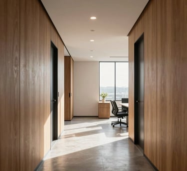 A bright and airy South American office hallway with sleek wooden panels and minimalist furniture, soft morning light, professional and clean architectural photography.