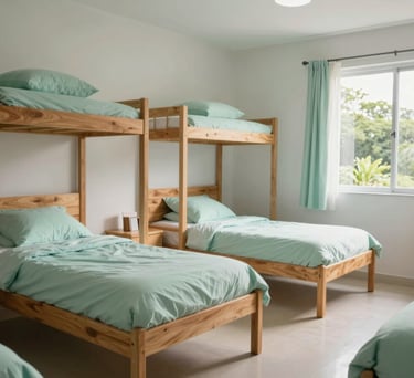 Photography of a modern and clean dormitory room in a South American Brazilian therapeutic community, featuring simple wooden furniture, soft Mint Green bedding, and large windows letting in natural morning light.