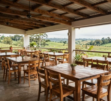 Photography of a spacious and airy communal dining area in a South American Brazilian facility, wooden tables, clean design, looking out onto a green landscape.
