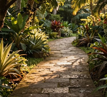 Photography of a peaceful garden pathway within the facility, South American Brazilian flora, stone path, warm golden hour lighting, conveying a sense of serenity and hope.