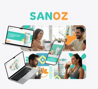 Sanoz en computadora y móvil, promoviendo un estilo de vida saludable.
