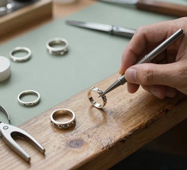 Close-up photography of a silver jewelry artist's workbench in a bright North American studio. Handcrafted rings and tools are laid out on a weathered wooden surface with sage green and taupe accents. Natural side lighting.