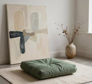A peaceful photography of a meditation corner in a North American studio. A sage green cushion sits on an ivory rug next to a large abstract canvas and a small vase with dried branches.