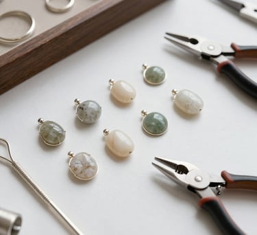 A high-angle photograph of a jewelry making station featuring silver wire, polished stones in ivory and sage, and pliers. The composition is clean and sophisticated, reflecting a professional North American artisan's space.