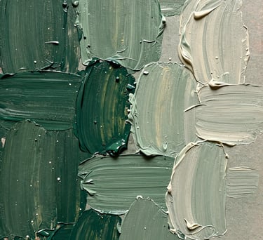 Macro shot of oil paint textures on a canvas, showing thick brushstrokes in deep green, sage, and ivory. The lighting is soft and artistic, capturing the depth and history of the fine arts process in a North American setting.