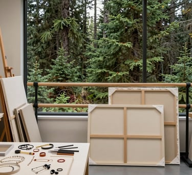 A wide shot of an artist's studio overlooking a North American evergreen forest. Canvases, jewelry tools, and a dance bar occupy the serene space, unified by a palette of ivory, sage, and deep green.