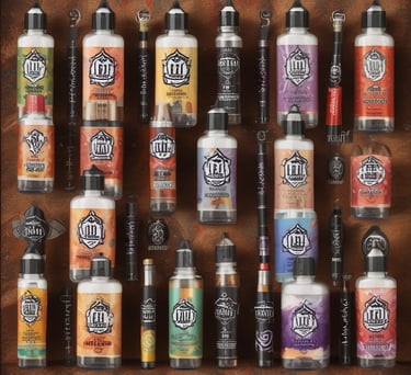 Collection of e-liquid bottles and vape pens with artistic labels on a textured background.