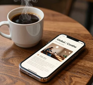 A close-up photograph of a steaming mug of black coffee next to a modern smartphone displaying a beautifully styled digital e-book layout, on a textured wooden café table. Rich espresso brown and soft cream highlights, warm and inviting atmosphere, Global / Modern Urban Café Culture.