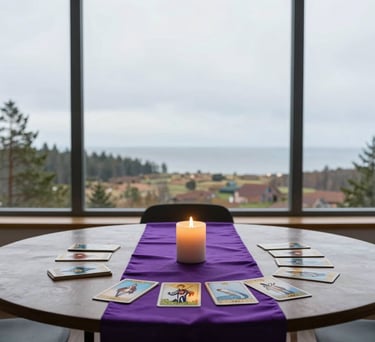 A professional photograph of a serene consultation room with a large window overlooking a Baltic landscape. Inside, there is a round table with a purple silk runner, a deck of oracle cards, and a single burning candle. Minimalist and mystical style.