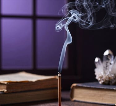 An artistic photograph of smoke from incense curling in front of a window at dusk. The colors are deep purple and grey. In the background, out of focus, are silhouettes of ancient books and a crystal cluster.