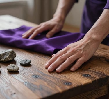 A close-up photograph of a Northern European woman's hands gently touching an ancient oak table in a room filled with soft, mystical morning light. Beside her are scattered rune stones and a deep purple silk cloth. The scene is calm and professional, with colors reflecting deep navy and muted lavender.