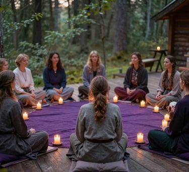 An atmospheric photograph of a group of women sitting in a circle during a mystical retreat in a Northern European forest cabin. They are surrounded by soft candlelight and muted purple textiles, looking empowered and engaged in a spiritual practice.