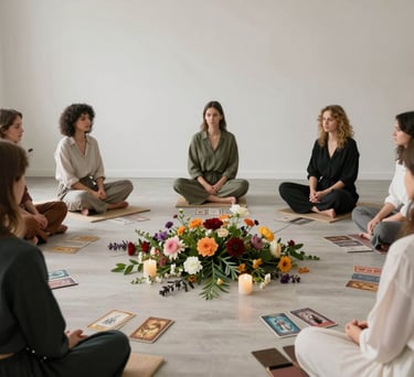 A professional wide-angle shot of a serene Northern European studio designed for women's circles. The interior features natural textures, pearl white walls, and a centerpiece made of fresh flowers and oracle cards. Soft, diffused lighting creates an empowering and mystical atmosphere.