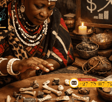 An African traditional healer performing a bone throwing ritual for spiritual guidance and wealth.