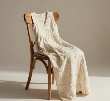 Un vestido largo de lino color crema sin mangas con detalles de encaje colocado sobre una silla de m
