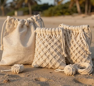 Bolsas de macramé hechas a mano con cordón y bolsitas de algodón expuestas en una playa tropical 