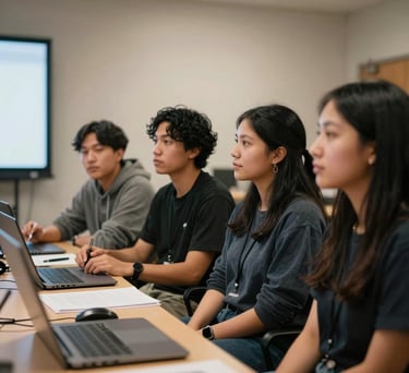 A group of North American / Urban Indigenous young adults engaged in a media workshop, looking at a screen with interest, professional lighting, empathetic and authentic vibe.