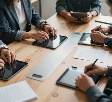 A high-angle shot of a collaborative meeting table with tablets and notes, soft morning light, clean modern aesthetic, featuring textures of wood and metal, North American / Urban Indigenous professional environment.
