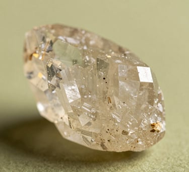 A close-up, high-detail macro photograph of a raw, translucent potassium alum crystal block. The mineral's natural geometric facets catch warm, soft sunlight, highlighting its pure and organic structure. Set against a serene light olive green background, creating a calm, eco-luxury atmosphere tailored for North American and European Eco-conscious clients.