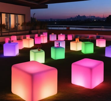 LED chairs arranged neatly around a party area in a backyard.