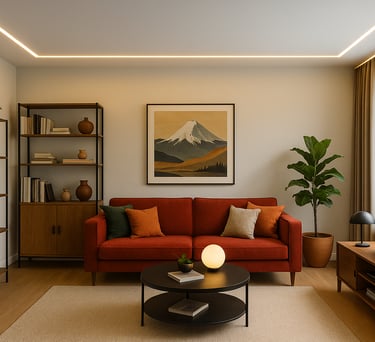 soggiorno moderno con quadro ed illuminazione a led su progetto