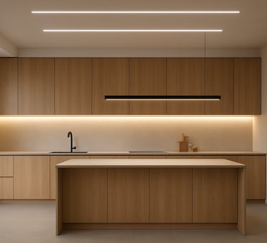 a kitchen with a large wooden counter top and pendant light