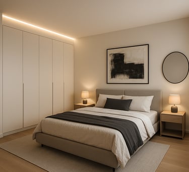 a bedroom with a bed and a mirror