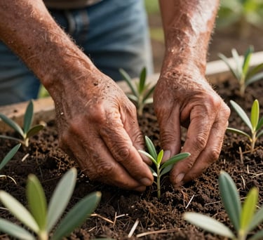 A close-up photograph of a South American Brazilian farmer's hands gently tending to young green sprouts in rich dark soil, warm morning sunlight, vibrant olive green foliage.