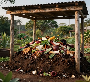 Photography of a community composting area in a Brazilian garden, showing layers of organic matter and rich soil under a simple wooden shelter, afternoon light.