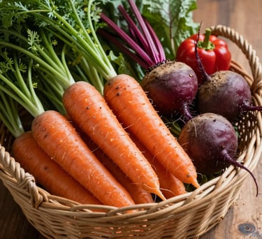 A close-up shot of a variety of freshly harvested organic vegetables like carrots, beets, and peppers in a handmade wicker basket, set on a wooden table.