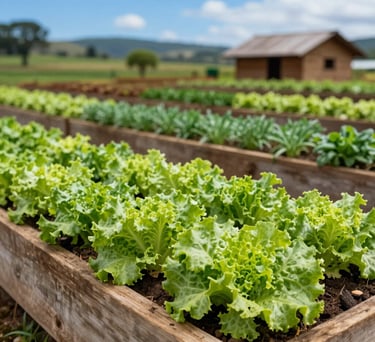 Rows of bright green lettuce and herbs growing in raised wooden beds, with a rustic South American / Brazilian countryside background and blue sky.