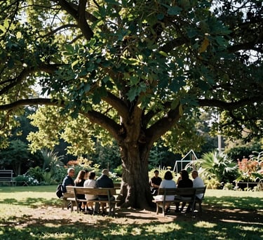 Sunlight filtering through the leaves of a large tree in the middle of a garden, with benches underneath for rest and community meetings, serene mood.