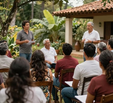 A group of people attending an outdoor workshop in a garden, listening to a speaker, South American / Brazilian setting, warm and community-focused atmosphere.