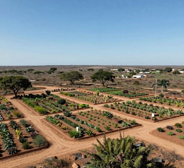 An overview of the Boa Terra project site, showing the integration of the garden with the natural arid landscape of the Agreste, photography during a clear day.