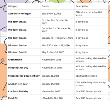 Record book holidays page for Moroccan English teachers