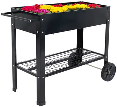 raised garden bed with wheels and shelf