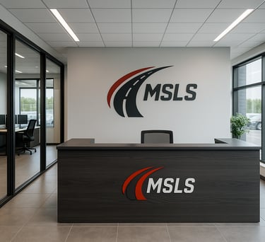 MSLS biuro priėmimo zona su logotipu, pabrėžiant profesionalumą.