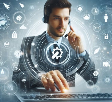 a man in a suit and headphones with a laptop
