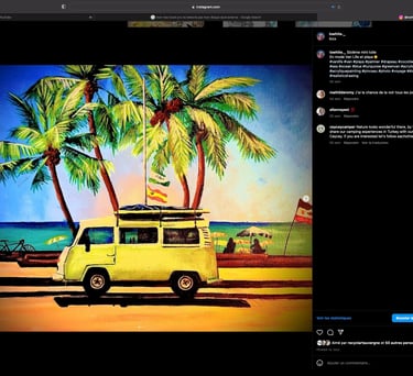 une peinture avec un van et des palmiers