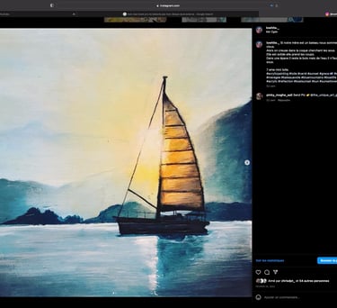 une peinture d'un bateau avec un coucher de soleil