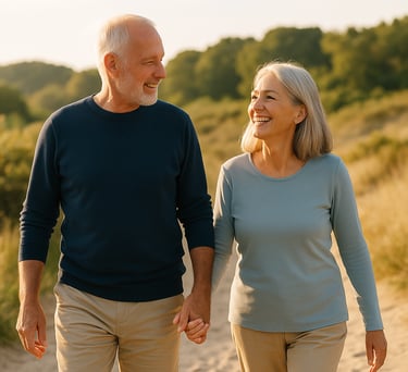 Actief seniorenstel wandelt in de natuur – vitaal en gezond ouder worden