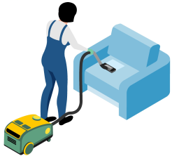 a man in overalls and overalls cleaning a couch
