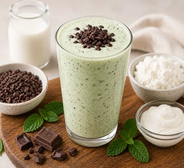 Refreshing mint chocolate chip protein smoothie with milk, cottage cheese, and mint leaves on a wooden board.