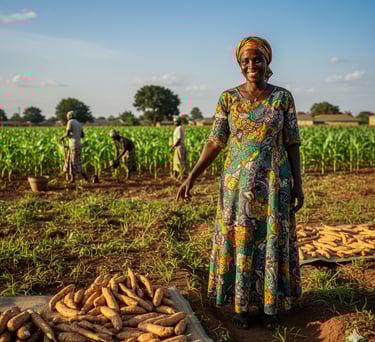 a woman in a colorful dress standing in a field